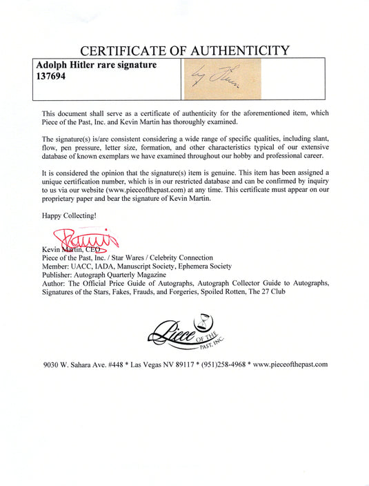 Certificate of authenticity – Adolph Hitler – Adolph Hitler rare signature