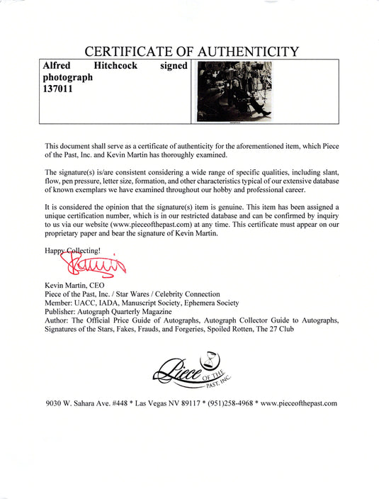 Certificate of authenticity – Alfred Hitchcock – Alfred Hitchcock signed photograph