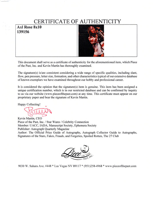 Certificate of authenticity – Axl Rose – Axl Rose signed photograph