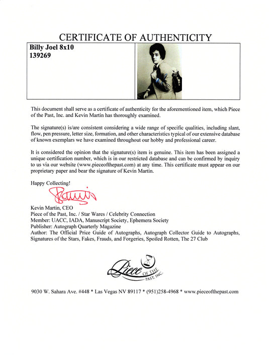 Certificate of authenticity – Billy Joel – Billy Joel signed photograph