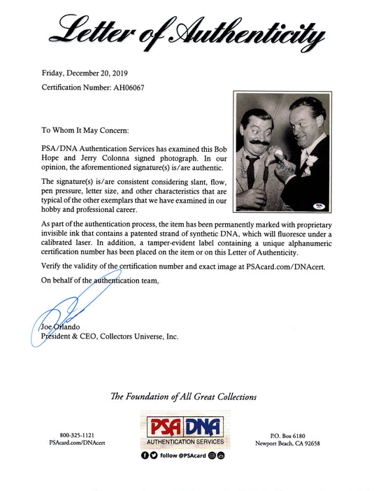 Certificate of authenticity – Bob Hope & Jerry Colonna – Bob Hope & Jerry Colonna