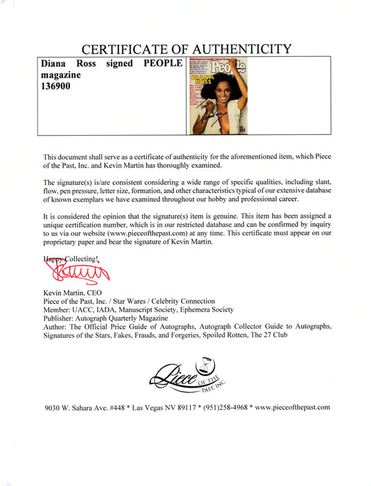 Certificate of authenticity – Diana Ross – Diana Ross signed PEOPLE magazine