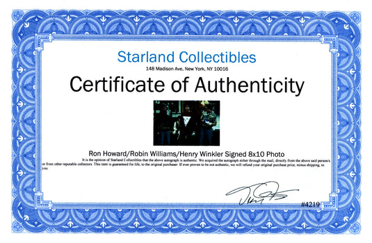 Certificate of authenticity – Ron Howard / Williams / Winkler – Signed 8 × 10 picture / autographed photo