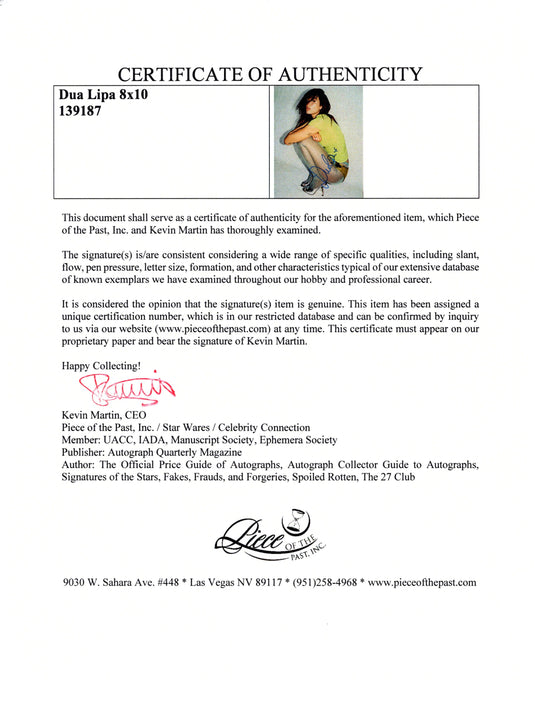 Certificate of authenticity – Dua Lipa – Dua Lipa signed photograph