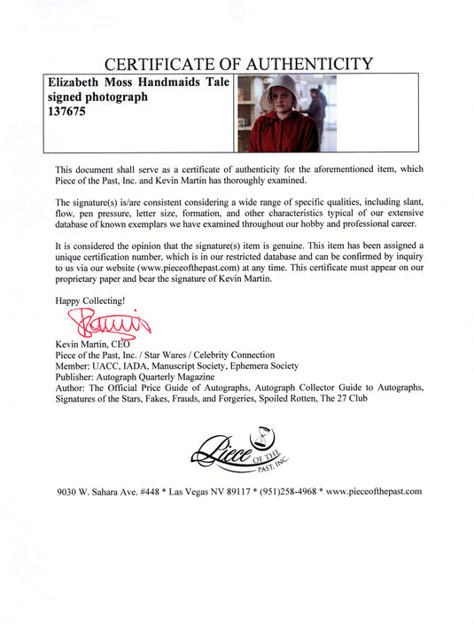 Certificate of authenticity – Elizabeth Moss – Elizabeth Moss Handmaids Tale signed photograph