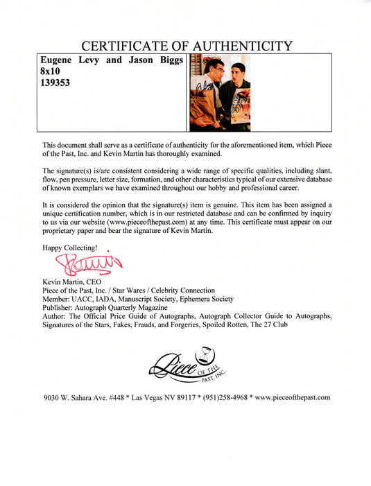 Certificate of authenticity – Eugene Levy & Jason Boggs – Eugene Levy and Jason Boggs Americn Pie signed photograph
