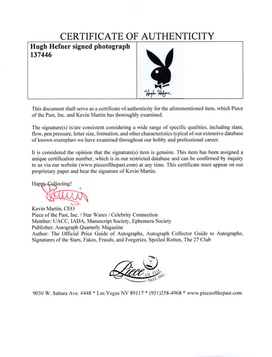 Certificate of authenticity – Hugh Hefner – Hugh Hefner signed photograph