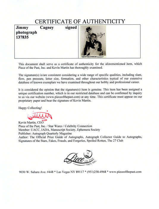 Certificate of authenticity – Jimmy Cagney – Jimmy Cagney signed photograph
