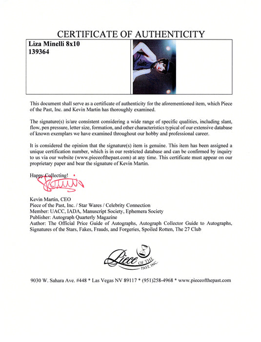 Certificate of authenticity – Liza Minelli – Liza Minelli signed photograph