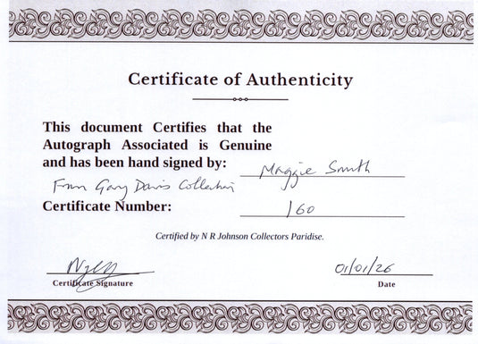 Certificate of authenticity – Maggie Smith – Signed photograph