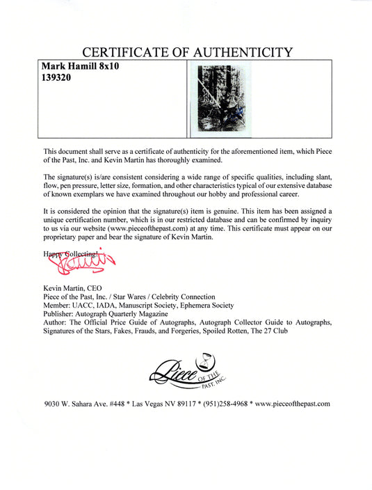 Certificate of authenticity – Mark Hamill – Mark Hamill Star Wars signed photograph