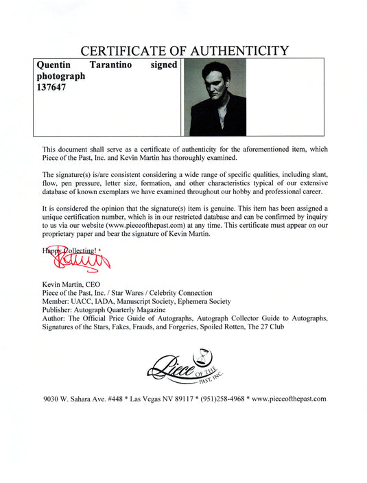 Certificate of authenticity – Quentin Tarantino – Quentin Tarantino signed photograph