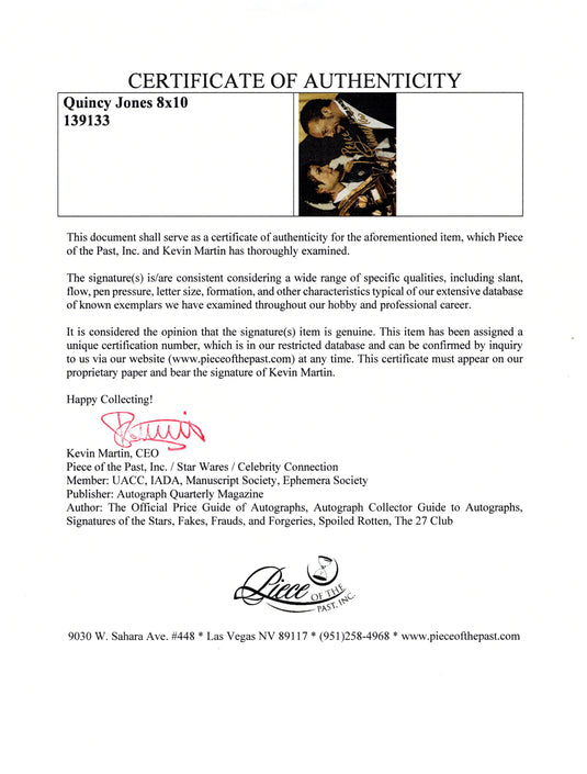 Certificate of authenticity – Quincy Jones – Quincy Jones signed photograph