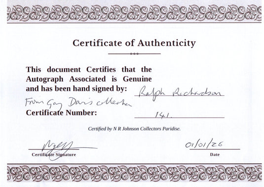 Certificate of authenticity – Ralph Richardson – Signed Photograph with Certificate of Authenticity