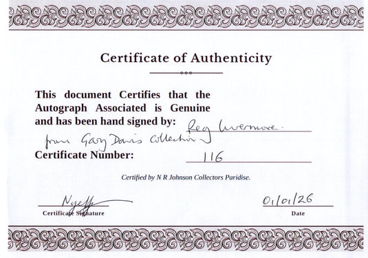 Certificate of authenticity – Reg Livermore – Signed Photograph with Certificate of Authenticity