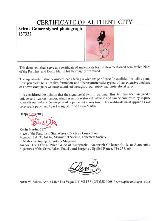 Certificate of authenticity – Selena Gomez – Selena Gomez signed photograph