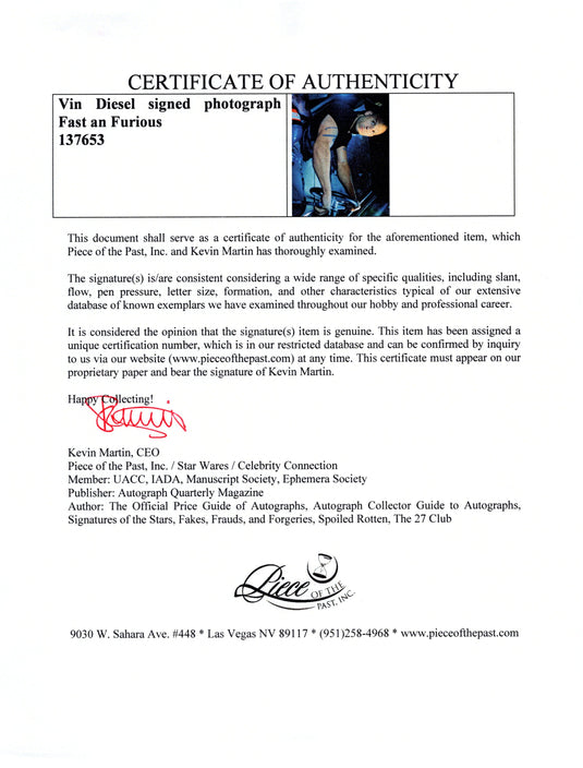 Certificate of authenticity – Vin Diesel – Vin Diesel signed photograph Fast an Furious